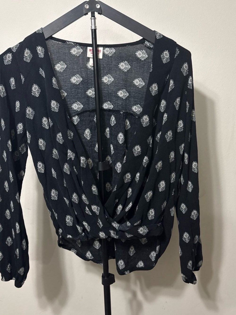 Black Printed Wrap-Front Long Sleeve Top—missing tie in front